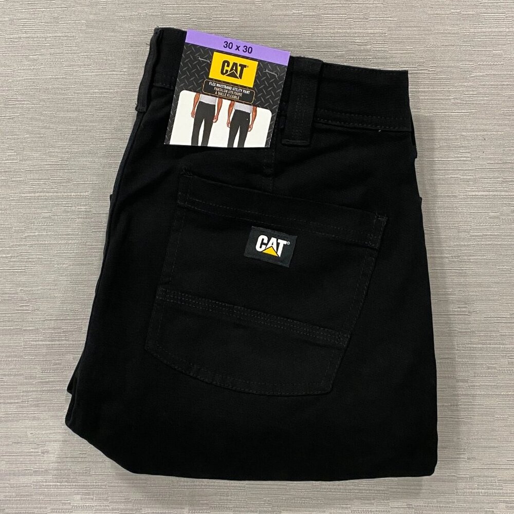 CAT Caterpillar Utility Work Pants Mens 30 x 30 Black Flex Waistband Cell Pocket